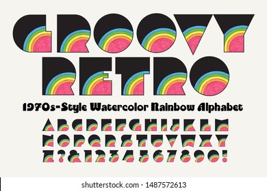 Vector Font: A Groovy Retro Extra Bold Watercolor Rainbow Alphabet With A 1970s Look. 