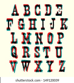 Vector font of grunge colorful letters