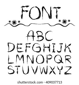 Vector font in hand drawn style, alphabet, brush style drawing