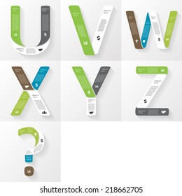 Vector font infographic, diagram, presentation. Letters U, V, W, X, Y, Z, question. Business concept with options, parts, steps or processes. 