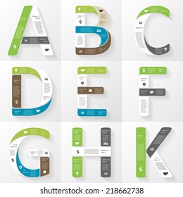 Vector font infographic, diagram, presentation. Letters A, B, C, D, E, F, G, H, K. Business concept with options, parts, steps or processes. 