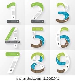 Vector font infographic, diagram, presentation. Numbers 1, 2, 3, 4, 5, 6, 7, 8, 9. Business concept with options, parts, steps or processes. 