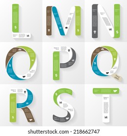 Vector font infographic, diagram, presentation. Letters L, M, N, O, P, Q, R, S, T. Business concept with options, parts, steps or processes. 