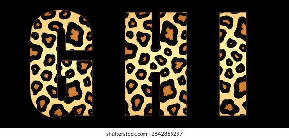 Vector font with jaguar's pattern on black background.
A set of cartoon letters of english alphabet for
women clothing, fabric, textile, paper, packaging, 
women's handbag, inscription on t-shirt.