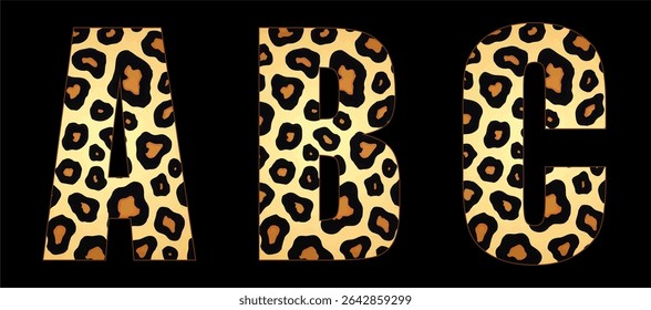 Vector font with jaguar's pattern on black background.
A set of cartoon letters of english alphabet for
women clothing, fabric, textile, paper, packaging, 
women's handbag, inscription on t-shirt.