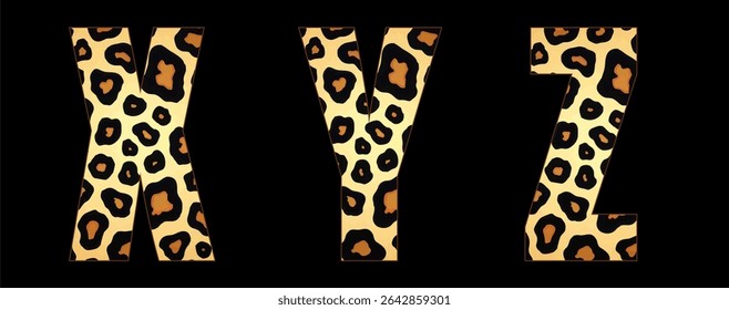 Vector font with jaguar's pattern on black background.
A set of cartoon letters of english alphabet for
women clothing, fabric, textile, paper, packaging, 
women's handbag, inscription on t-shirt.