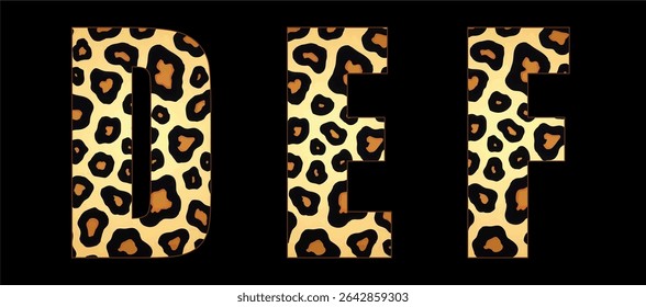 Vector font with jaguar's pattern on black background.
A set of cartoon letters of english alphabet for
women clothing, fabric, textile, paper, packaging, 
women's handbag, inscription on t-shirt.