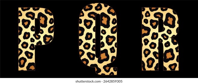 Vector font with jaguar's pattern on black background.
A set of cartoon letters of english alphabet for
women clothing, fabric, textile, paper, packaging, 
women's handbag, inscription on t-shirt.