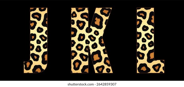 Vector font with jaguar's pattern on black background.
A set of cartoon letters of english alphabet for
women clothing, fabric, textile, paper, packaging, 
women's handbag, inscription on t-shirt.