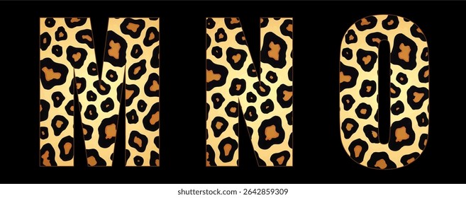 Vector font with jaguar's pattern on black background.
A set of cartoon letters of english alphabet for
women clothing, fabric, textile, paper, packaging, 
women's handbag, inscription on t-shirt.