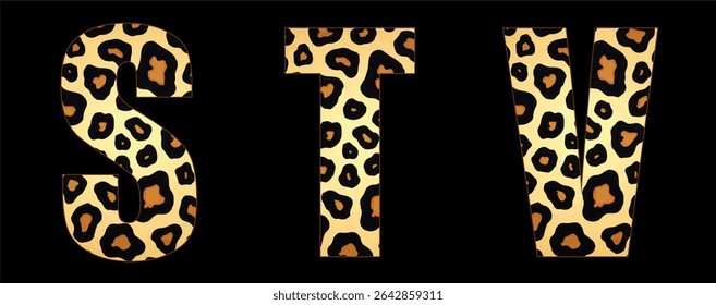 Vector font with jaguar's pattern on black background.
A set of cartoon letters of english alphabet for
women clothing, fabric, textile, paper, packaging, 
women's handbag, inscription on t-shirt.