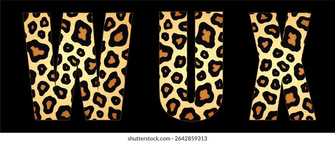 Vector font with jaguar's pattern on black background.
A set of cartoon letters of english alphabet for
women clothing, fabric, textile, paper, packaging, 
women's handbag, inscription on t-shirt.