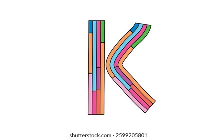 The vector font "K" is creatively designed using multiple colorful rectangles, forming a unique and vibrant geometric composition with modern artistic appeal and symmetry.

