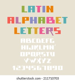 Vector font. Latin alphabet letters and numbers. Set of design elements