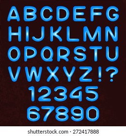 Vector font of light blue gel. Glowing numbers and letters on a dark background.
