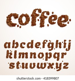 Vector font made of coffee beans. Realistic characters style. Latin alphabet from A to Z. 