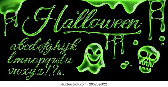 Vector font made from green slime. Slime, ghost and ectoplasm skull. Halloween lettering.