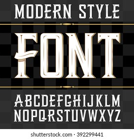 Vector font, modern style.  Whiskey label. Font, good to use in any style labels of alcohol drinks. Business card, leaflet and other printing production. ABC. Alphabet with decoration