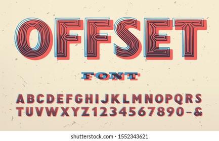 Vector font with offset ink plate effect; Letterpress style engraved alphabet in red and blue inks. This lettering shows ink plates out of registry with semi transparent ink colors.