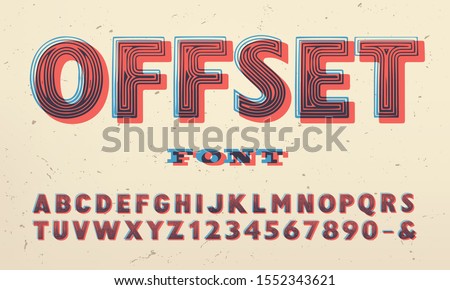 Vector font with offset ink plate effect; Letterpress style engraved alphabet in red and blue inks. This lettering shows ink plates out of registry with semi transparent ink colors.