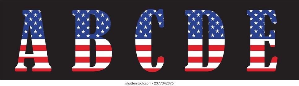 Vector font on the background 
of national flag of usa.
A set of letters of the english alphabet ABCDE with
american pattern of stars and stripes for
clothing, fabric, textile, paper.
Pattern for insc