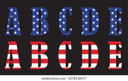 Vector font on the background of national flag of usa. A set of letters of the english alphabet ABCDE with american pattern of stars and stripes for clothing, fabric, textile, paper, inscription.