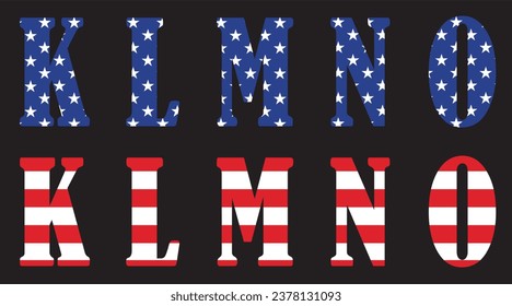 Vector font on the background of national flag of usa. A set of letters of the english alphabet KLMNO with american pattern of stars and stripes for clothing, fabric, textile, paper, inscription.