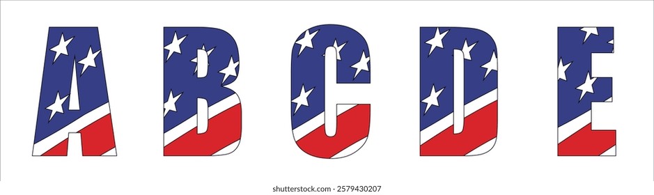 Vector font on background 
of national flag of usa.
A set of letters of english alphabet ABCDE with
american pattern of stars and stripes for
clothing, fabric, textile, paper, inscription on t-shirt.
