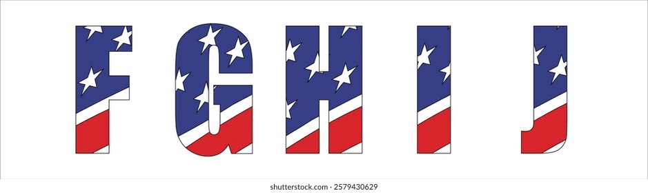 Vector font on background 
of national flag of usa.
A set of letters of english alphabet FGHIJ with
american pattern of stars and stripes for
clothing, fabric, textile, paper, inscription on t-shirt.
