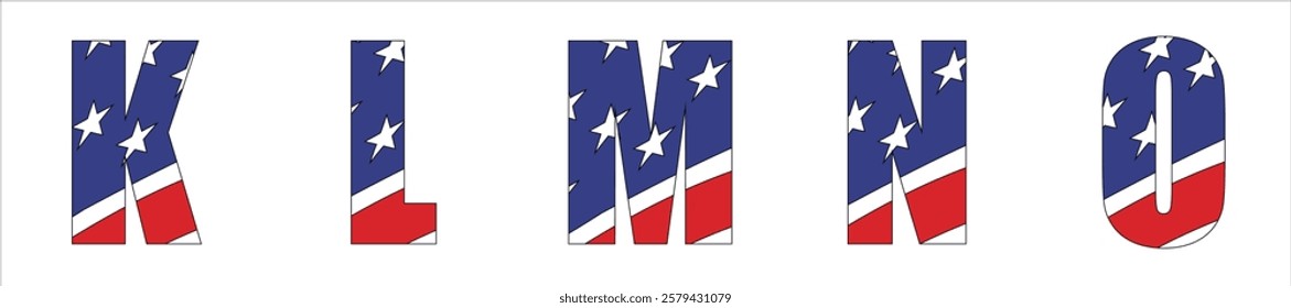 Vector font on background 
of national flag of usa.
A set of letters of english alphabet KLMNO with
american pattern of stars and stripes for
clothing, fabric, textile, paper, inscription on t-shirt.
