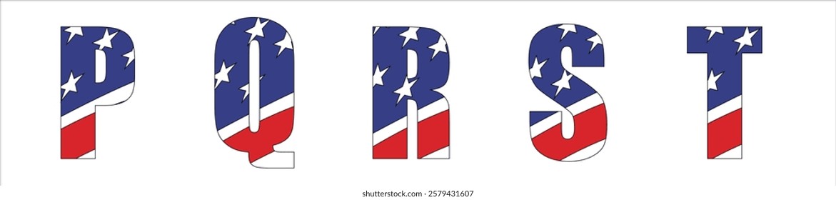 Vector font on background 
of national flag of usa.
A set of letters of english alphabet PQRST with
american pattern of stars and stripes for
clothing, fabric, textile, paper, inscription on t-shirt.
