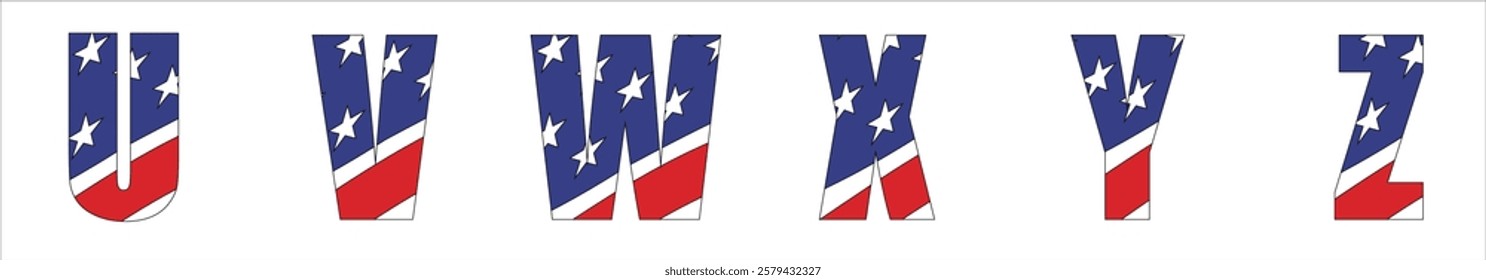 Vector font on background 
of national flag of usa.
A set of letters of english alphabet UVWXYZ with
american pattern of stars and stripes for
clothing, fabric, textile, paper, inscription on t-shirt.