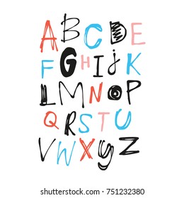 Vector font, painted, typography, funny, children, isolated, letters, set, alphabet, paint splashes, color.