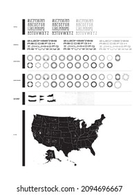 Vector font, vector round frames, two textures, six flags, map of the United States of America