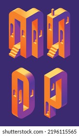 Vector font set made in 3d isometric shape with stairs and windows