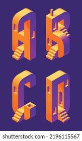 Vector font set made in 3d isometric shape with stairs and windows