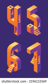 Vector font set made in 3d isometric shape with stairs and windows