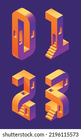 Vector font set made in 3d isometric shape with stairs and windows