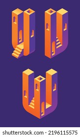 Vector font set made in 3d isometric shape with stairs and windows