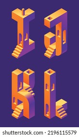 Vector font set made in 3d isometric shape with stairs and windows