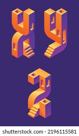 Vector font set made in 3d isometric shape with stairs and windows