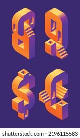 Vector font set made in 3d isometric shape with stairs and windows