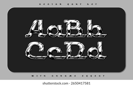 Vector font set with metallic chrome effect and connected letters