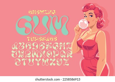 Conjunto de tipos de letra vectorial con la ilustración vintage de la mujer. Letras suaves en forma de goma de mascar.