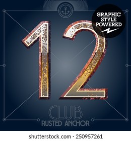 Conjunto de tipos de letra vectoriales de letras oxidadas. Club náutico vintage de la vieja escuela. Números 1 2