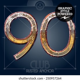 Vector font set of rusted letters. Old school vintage yacht club. Numbers 9 0