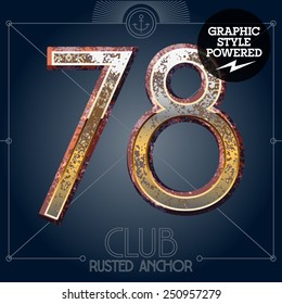 Vector font set of rusted letters. Old school vintage yacht club. Numbers 7 8