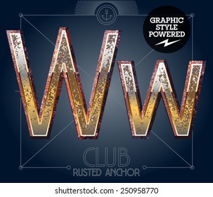 Vector font set of rusted letters. Old school vintage yacht club. Letter W