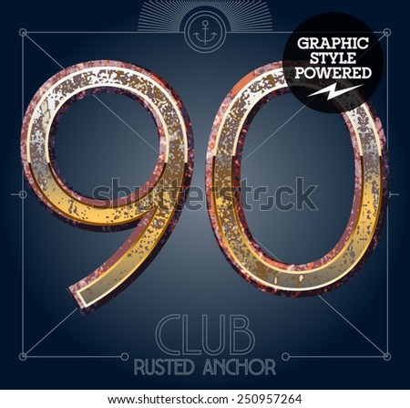 Vector font set of rusted letters. Old school vintage yacht club. Numbers 9 0