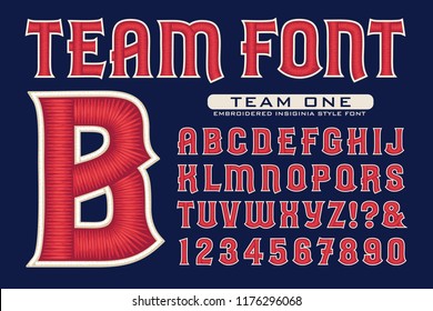 Vector font in sports team embroidery style. This lettering is ideal for sports icons, logos, insignias, etc. Full alphabet, numbers, and some punctuation included.